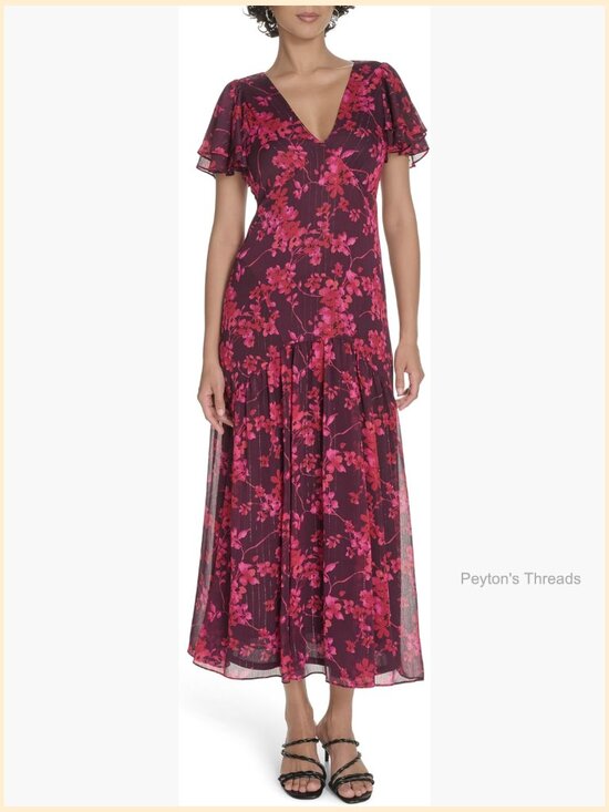 Dresses & Skirts - Flutter Sleeve V Neck Tiered Maxi Dress - Polyester Metallic